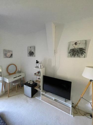 a living room with a flat screen tv on a wall at Vue du Château d'Excideuil en chambres in Excideuil