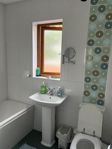 een badkamer met een wastafel, een toilet en een raam bij 11 Parkmore Street, Ormeau Road, Belfast, BT7 2GT, 2 bedroom House in Belfast