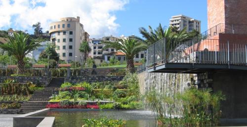 un pont sur un étang dans une ville avec des bâtiments dans l'établissement Ocean Paradise do Til, à Funchal