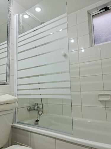 a bathroom with a shower and a toilet and a sink at Euromarina GranVistaMar in Viña del Mar