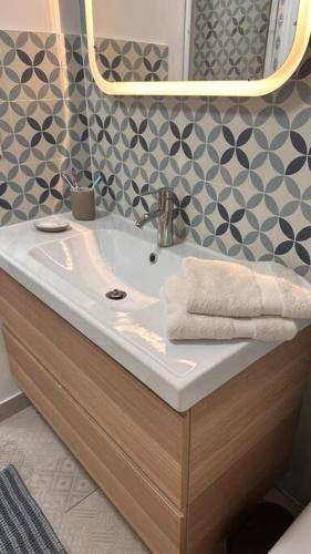 une salle de bain avec un lavabo et un miroir dans l'établissement Appartement Cosy à Collobrières, à Collobrières