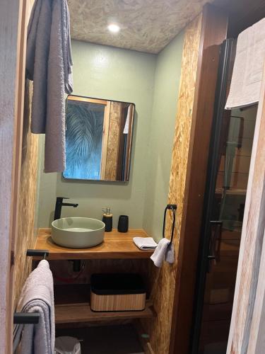 bagno con lavandino e specchio di Casa Di Legnu a Bastia