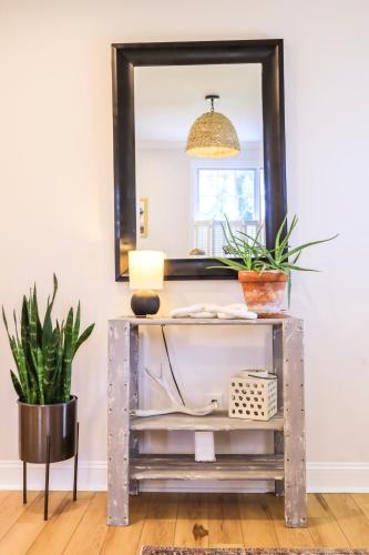 a console table with a mirror and plants at Sleeps 10! Minutes to Parris Island & Downtown in Beaufort
