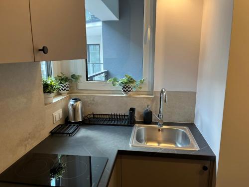 uma cozinha com um lavatório e uma janela em Kasprzaka 29 Perfect Apart (L) em Varsóvia