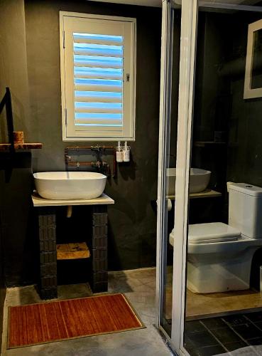 a bathroom with a sink and a toilet and a window at Copper Beach Villa 1 Umdloti in Umdloti