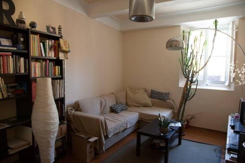 a living room with a couch and a book shelf at la casa degli Archi in Pesaro