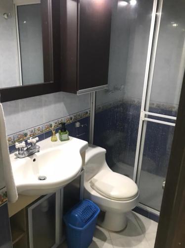 a bathroom with a sink and a toilet and a shower at Apartamento cerca estacion de lagos in Floridablanca