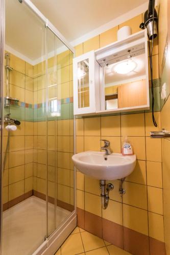 a bathroom with a sink and a shower at Hiša Nataša in Drežnica