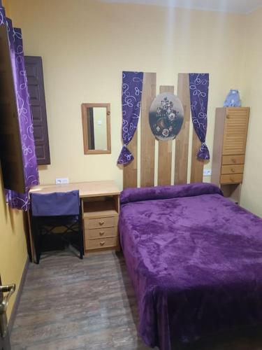 a bedroom with a purple bed and a desk at León Antiguo Palomera in León