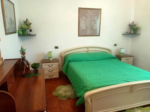 a bedroom with a bed with a green comforter at Nonna Lella House in Castel di Sangro