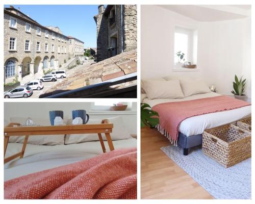eine Collage mit Bildern eines Schlafzimmers und eines Bettes in der Unterkunft La Maison du Château au calme et centrale in Tournon-sur-Rhône
