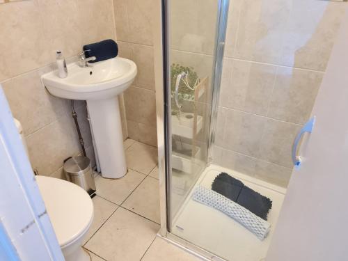 een badkamer met een douche, een toilet en een wastafel bij Birdy Room - Lemur Lodge in Bournemouth