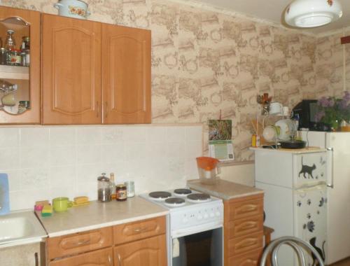 małą kuchnię z kuchenką i lodówką w obiekcie Battenbot Apartment 9p8 