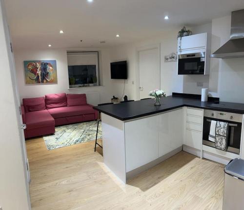 cocina y sala de estar con sofá rojo en Comfortable 2 BR Flat TH542 en Basildon