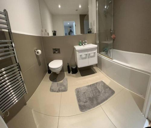 a bathroom with a toilet and a shower and a sink at Comfortable 2 BR Flat TH542 in Basildon