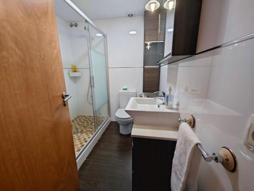 uma casa de banho com um lavatório, um WC e um chuveiro em L'Oasi de Molló em Molló