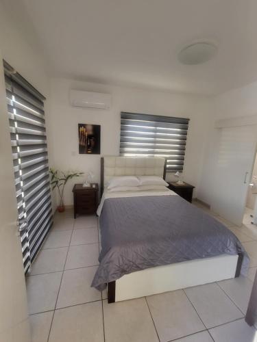 ein Schlafzimmer mit einem großen Bett in einem weißen Zimmer in der Unterkunft A- Luxury Sea Villa next to the beach in Ayia Napa