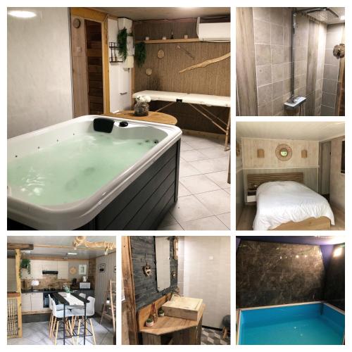 een collage van vier foto's van een bad bij aud eau maillet in Tilques