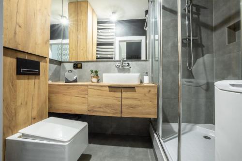 ein Bad mit einem Waschbecken, einem WC und einer Dusche in der Unterkunft Apartament Piotrkowska 31 in Łódź