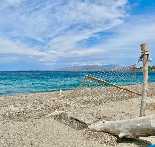 a hammock on a beach next to the water at Villa Naya by the Beach in Anavissos