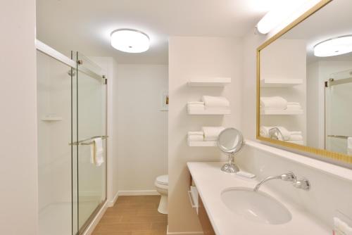 a bathroom with a sink and a shower and a mirror at Hampton Inn & Suites Chippewa Falls in Chippewa Falls