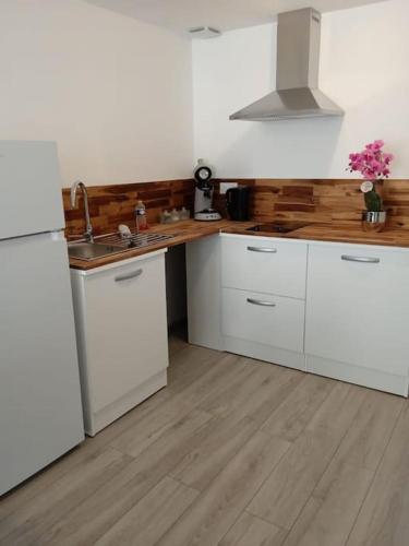 a kitchen with white cabinets and a white refrigerator at Nuit étoilée - Dormir Comme A La Maison in Saint-Julien-de-Vouvantes