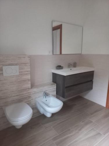 ein Badezimmer mit einem WC, einem Waschbecken und einem Spiegel in der Unterkunft IL VECCHIO CAMINO in Baraggia di Boca