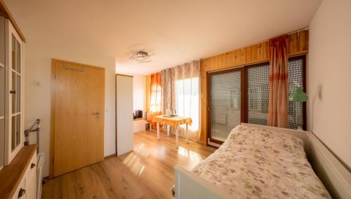 a bedroom with a bed and a desk and a window at Nebesa so tudi na zemlji in Tomaž pri Ormožu