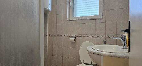 a bathroom with a toilet and a sink and a window at Coastal Charm: Apartmani Pazanin in Vinišće