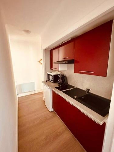 沙勒維爾－梅濟耶爾的住宿－Le Petit Gambetta，一个带红色橱柜和水槽的小厨房