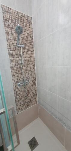 een douche in een badkamer met een tegelwand bij Apartamento en el casco viejo de Castro Urdiales in Castro-Urdiales