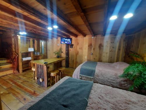 a room with two beds and a television in a cabin at Cabañas La Palma in Mineral de Angangueo