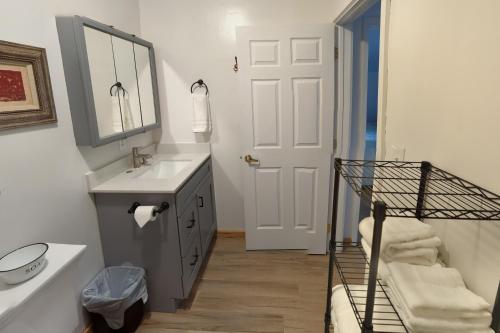 ein Bad mit einem Waschbecken und einem Spiegel in der Unterkunft Whale Pass Adventure Apartment 