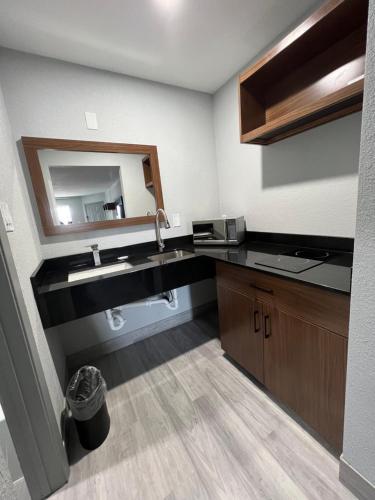 W łazience znajduje się umywalka i lustro. w obiekcie Relax Inn Channelview w mieście Channelview