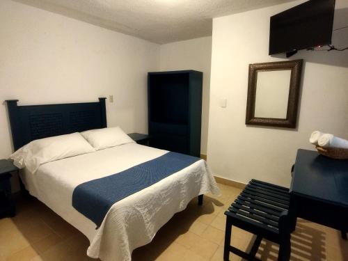 a bedroom with a bed and a mirror and a chair at Hotel & Hostal Santuario in San Miguel de Allende