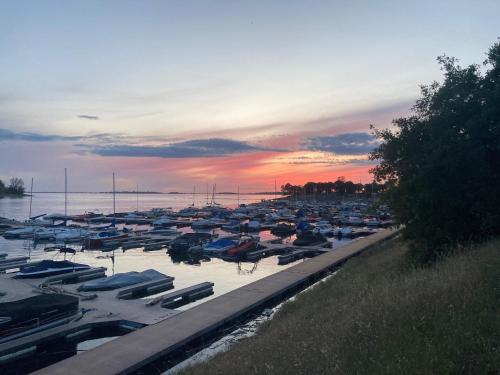 a group of boats parked in a marina at sunset at Executive home in a serene park like setting in Folsom