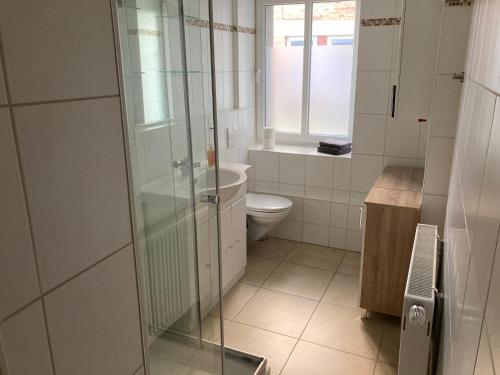uma casa de banho com um WC e uma cabina de duche em vidro. em Ferienwohnungen Funke für Monteure in Apolda em Apolda