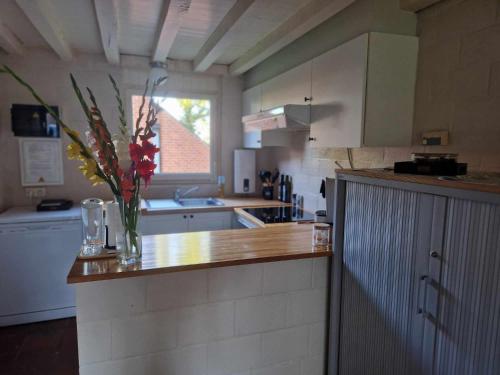 eine Küche mit einer Theke mit einer Blumenvase darauf in der Unterkunft Bulle ivoire in Hastière-par-delà