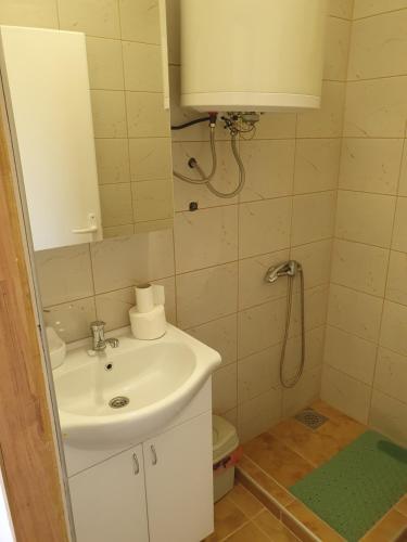 a small bathroom with a sink and a shower at Bungalov Lenka in Temerin