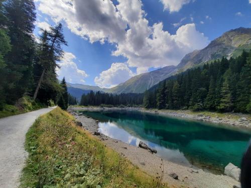 a river next to a road next to a mountain at Ferienwohnung Hilber in Schmirn