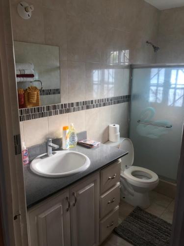 a bathroom with a sink and a toilet at J&R Sunshine Retreat in Spanish Town