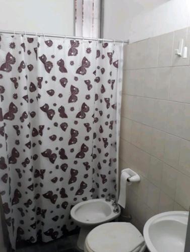 a bathroom with a toilet and a shower curtain at Loft centrico in Villa Cubas