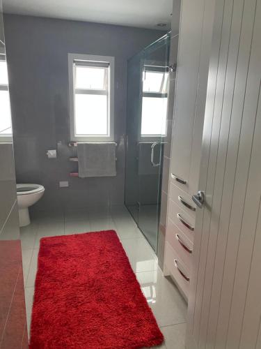 a bathroom with a red rug and a glass shower at HotelSuse in Napier