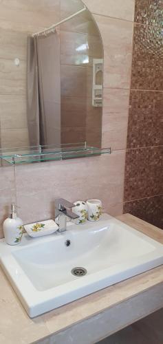 a white sink in a bathroom with a mirror at Три горішки in Yaremche