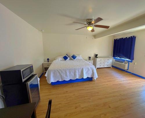 Schlafzimmer mit einem Bett und einem Deckenventilator in der Unterkunft Cozy Bear Inn in Maggie Valley