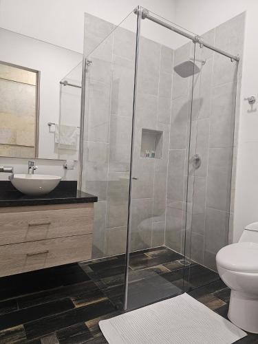 a bathroom with a shower with a toilet and a sink at Edificio Lotus Loft in Cali