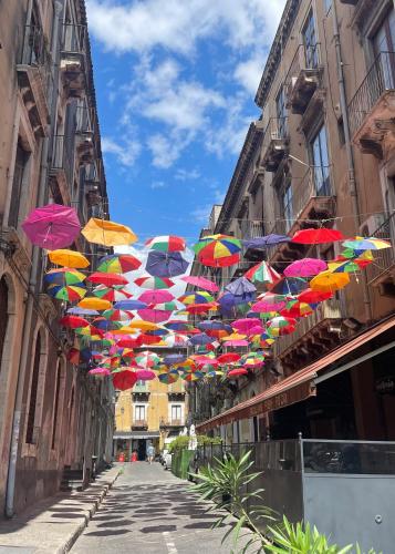 a bunch of colorful umbrellas hanging over a street at VICOLO SAN GAETANO -luxury rooms- in Catania