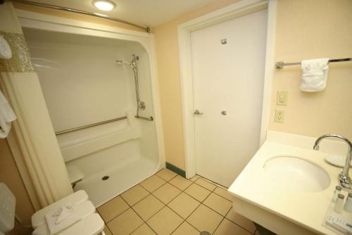 a bathroom with a shower and a toilet and a sink at Hampton Inn & Suites Orlando-East UCF in Orlando