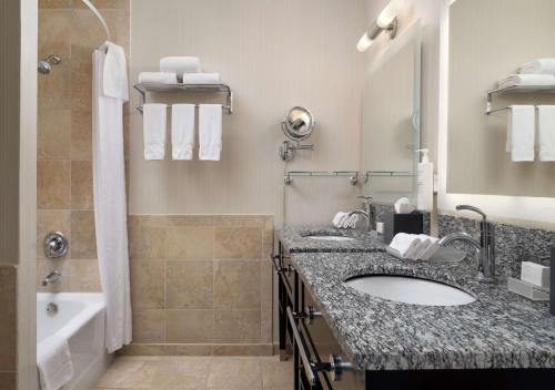 a bathroom with a sink and a shower and a mirror at Homewood Suites by Hilton Chicago Downtown - Magnificent Mile in Chicago