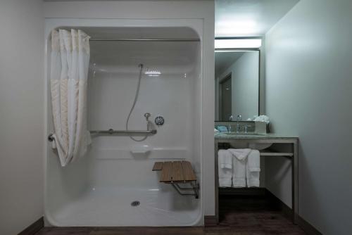y baño con ducha y lavamanos. en Hilton Garden Inn Owings Mills, en Owings Mills